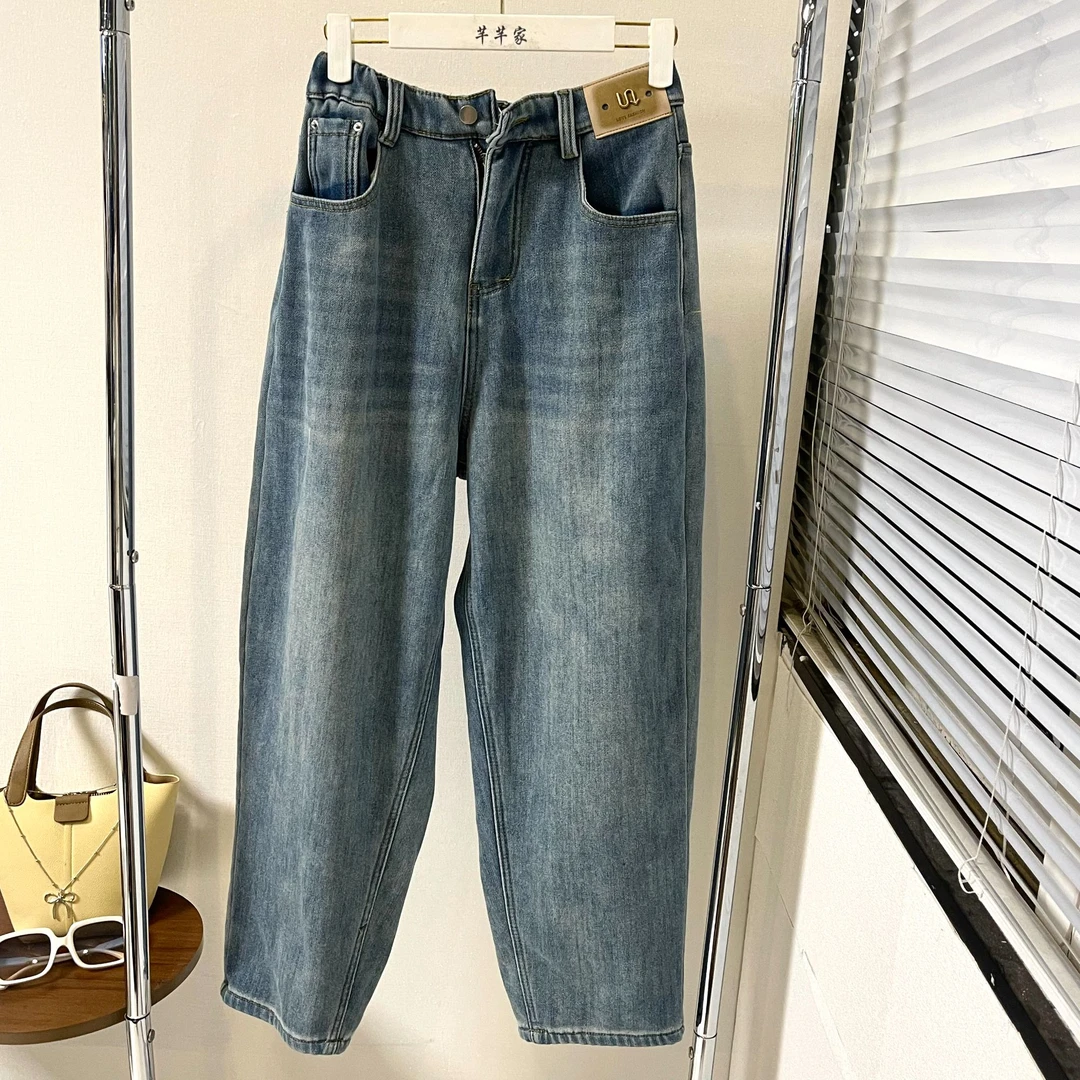 芊芊大码复古哈伦牛仔裤水洗高腰加绒宽松显瘦 6760