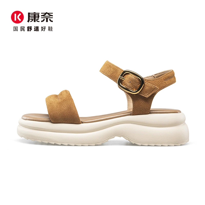 康奈夏季新款女士软皮厚底中空一字扣真皮凉鞋11254128-237