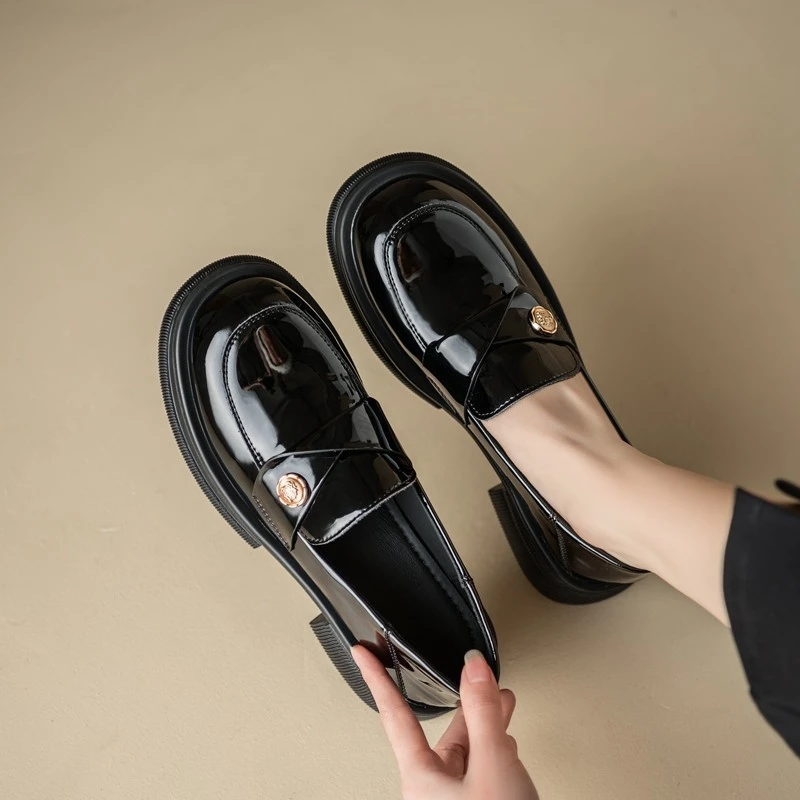 厚底7CM乐福鞋女2025年春季新款英伦风黑色小皮鞋一脚蹬百搭单鞋