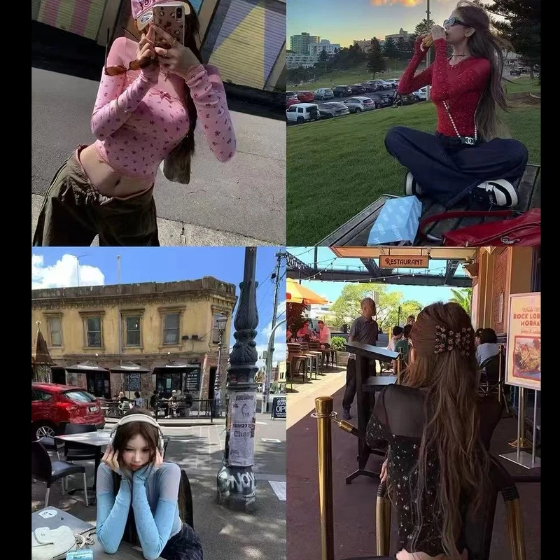 美式甜辣风碎花网纱拼接个性长袖T恤女2025新款纯欲甜美修身上衣