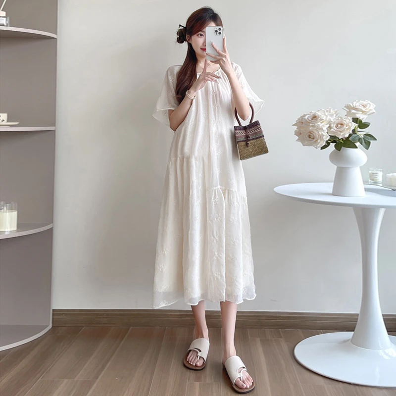孕妇连衣裙2025夏季新中式国风刺绣蕾丝时尚甜美宽松大码中长款裙