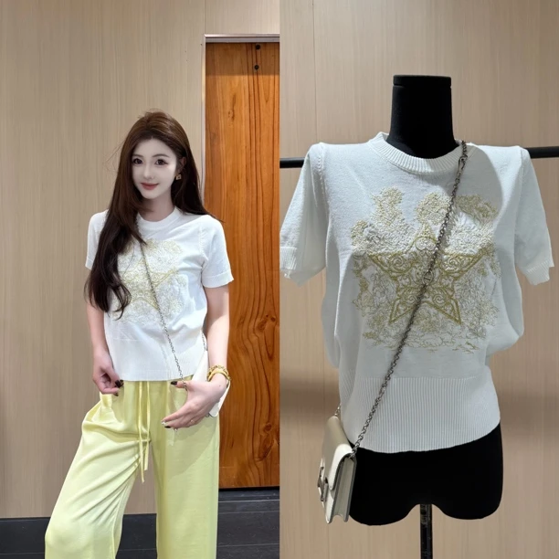 DAMIN/轻奢小香风重工金线刺绣五角星薄款针织上衣