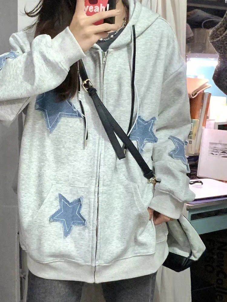 秋冬国潮牛仔星星贴布绣外套男女新款休闲百搭开衫连帽卫衣潮024