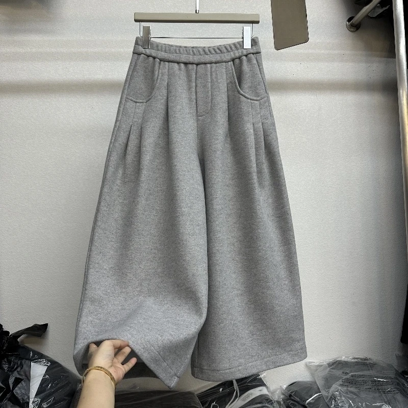 毛呢阔腿裤女2025秋冬新款欧货韩国松紧腰遮肉显瘦百搭网红八分裤