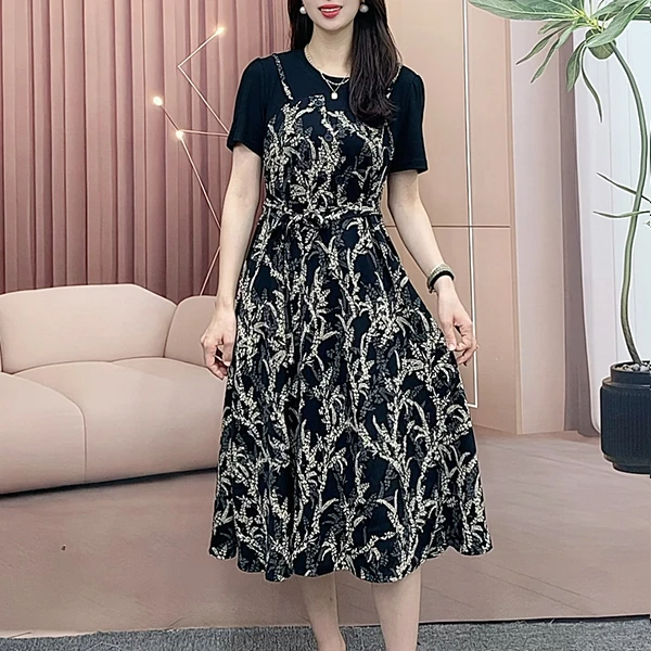时尚休闲气质印花裙子女2025夏季新款洋气减龄显瘦短袖连衣裙