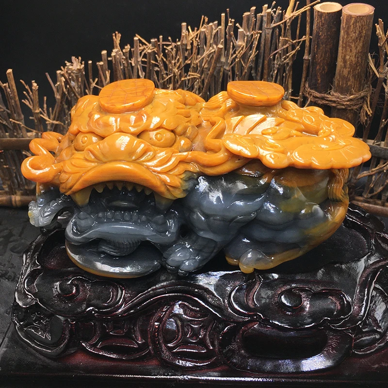 云南天然A货黄龙玉霸王貔貅摆件鸡油黄金沙料哥窑纹精工收藏送座