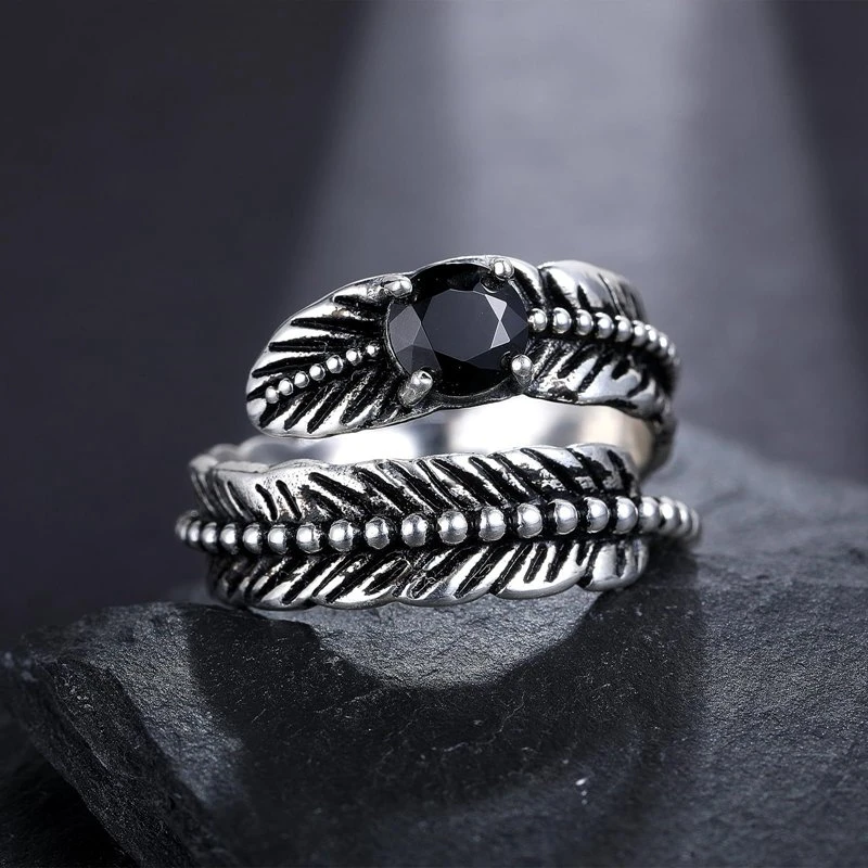 925银戒指 羽毛戒指女复古时尚微镶开口指环嘻哈蹦迪食指戒J576