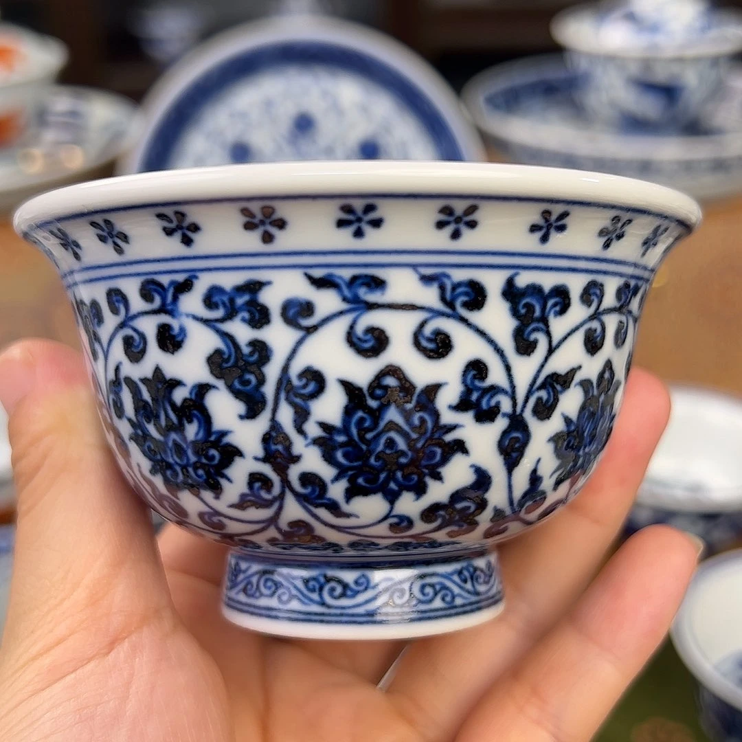 手工艺品琉璃仿永乐时期青花缠枝莲压手杯