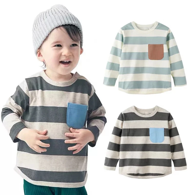 日本男童长袖T恤条纹宽松儿童打底衫纯棉日系女中大童打底衣春秋
