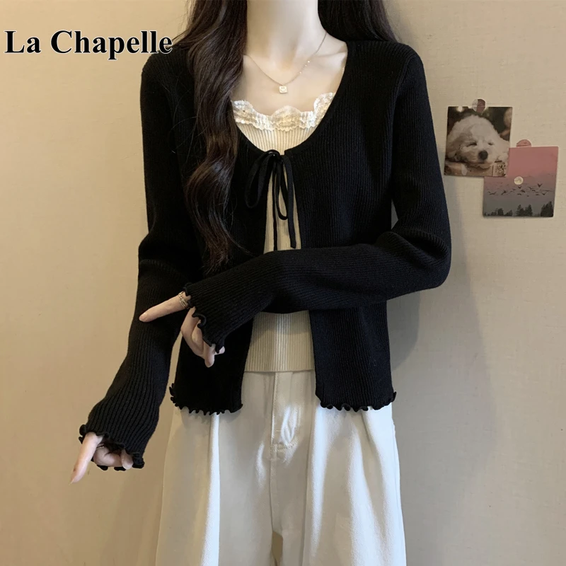 拉夏贝尔假两件木耳边针织衫女2025秋季新大码微胖mm正肩显瘦上衣