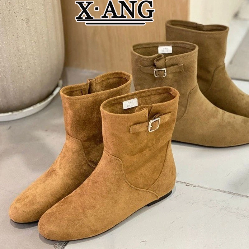 羊皮版内增高小短靴女勃肯短靴2025秋季新款美拉德棕色褶皱堆堆靴