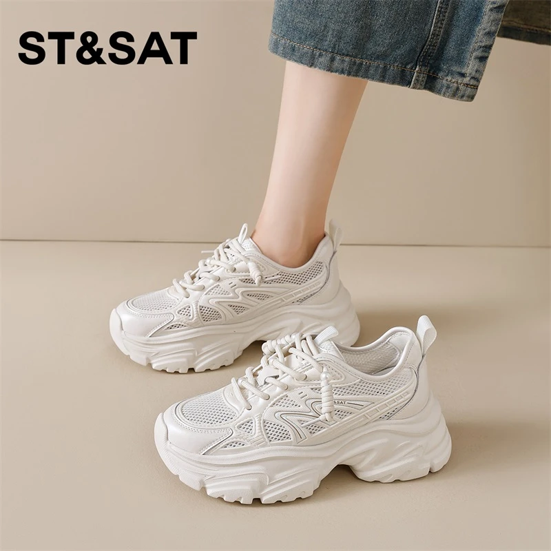 星期六厚底老爹鞋女款2025新款夏季网面透气运动休闲鞋增高小白鞋