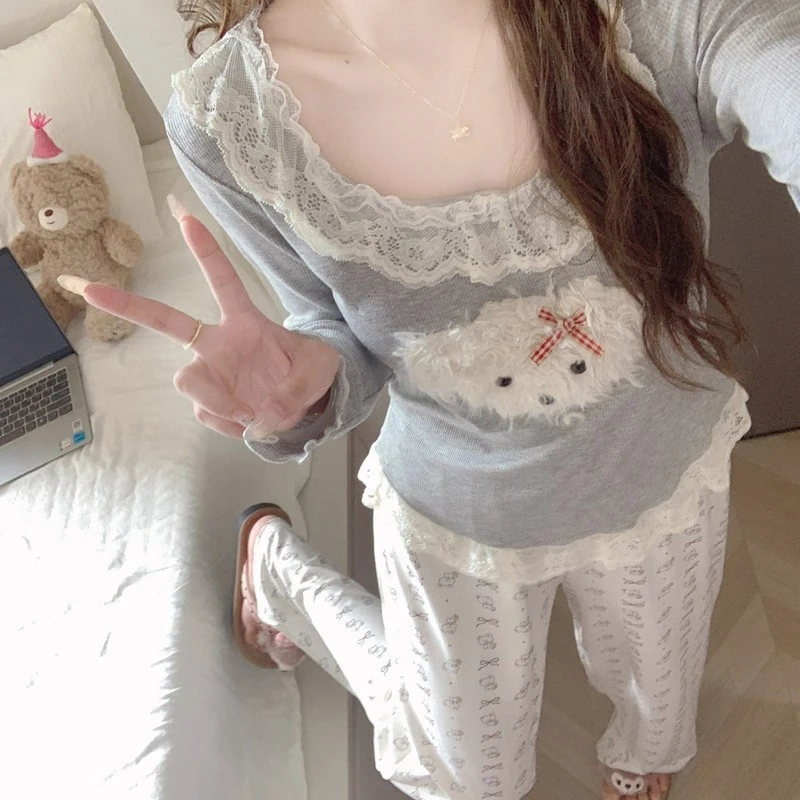 卡通睡衣女款春秋季2025新款带胸垫长袖长裤甜美少女家居服可外穿