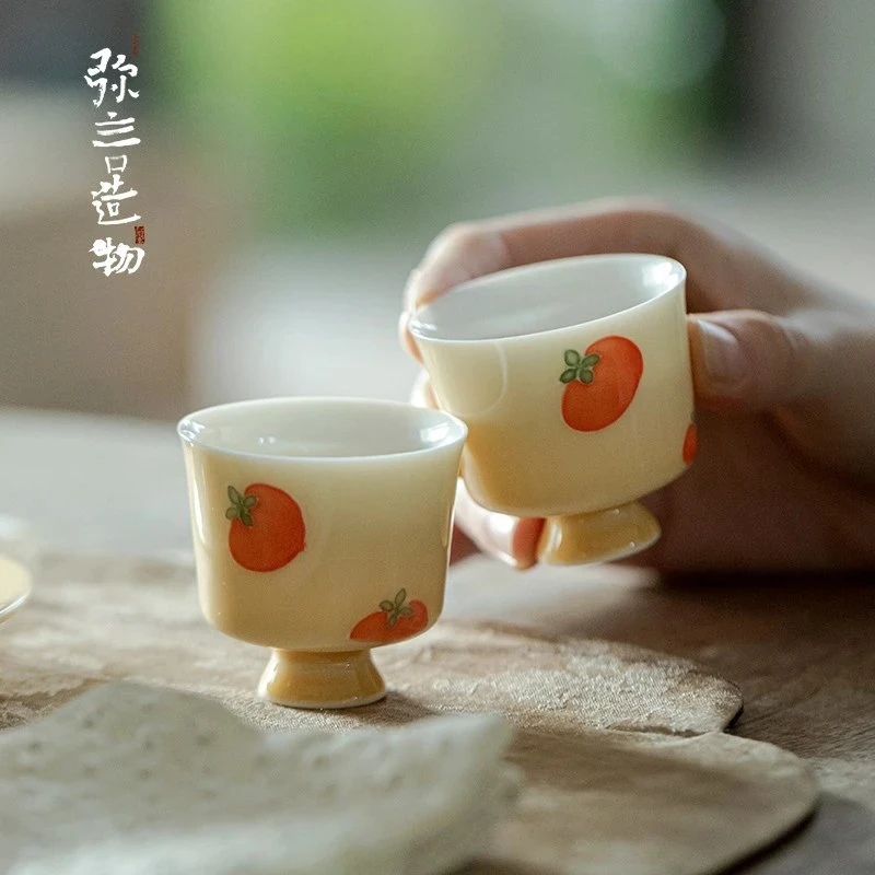 当代 手绘柿柿如意品茗杯家用陶瓷茶杯单杯客杯创意手工主人杯