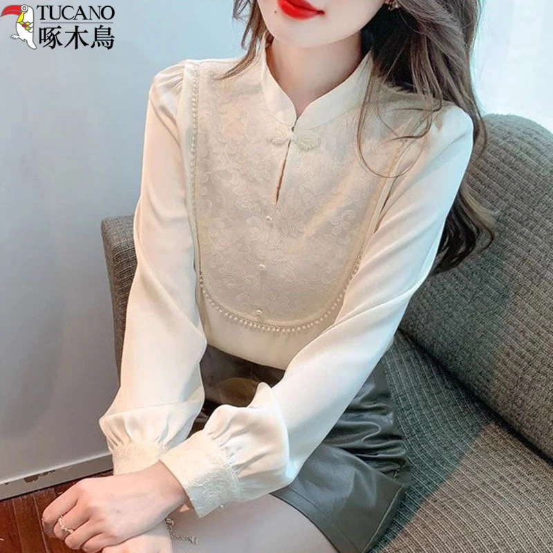 啄木鸟新款复古盘扣雪纺衫2025女款长袖上衣时尚洋气立领国风衬衫