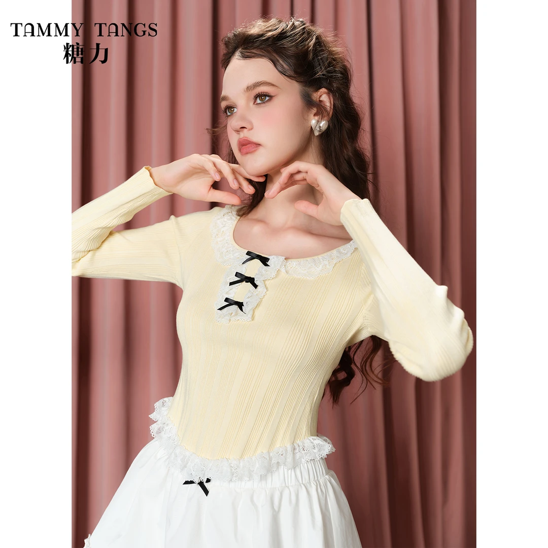 【丽公主】糖力闺房纯欲风蕾丝边打底套头收腰显瘦上衣TWRQS63021