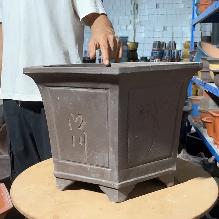 40紫泥刻绘六方花盆