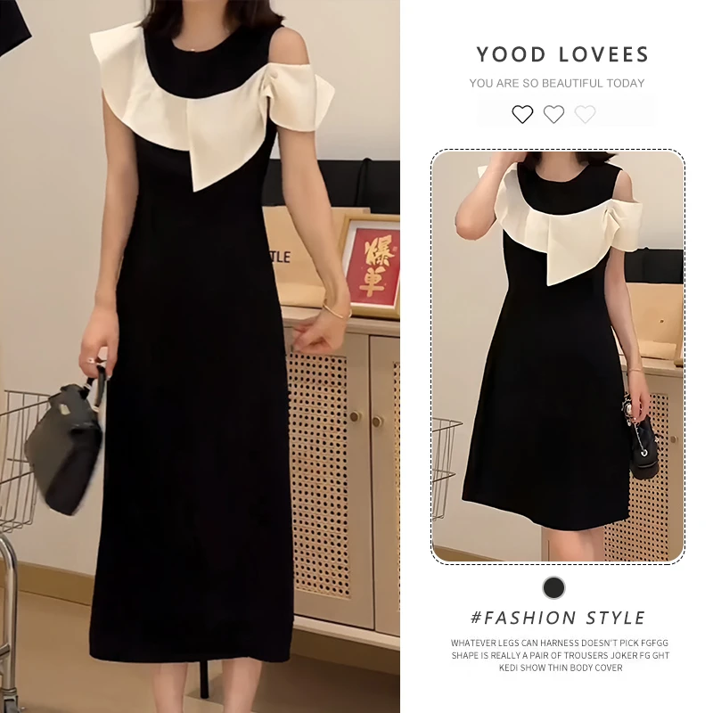 法式赫本风连衣裙女2025新款夏季穿搭荷叶边露肩高级感小黑裙子潮