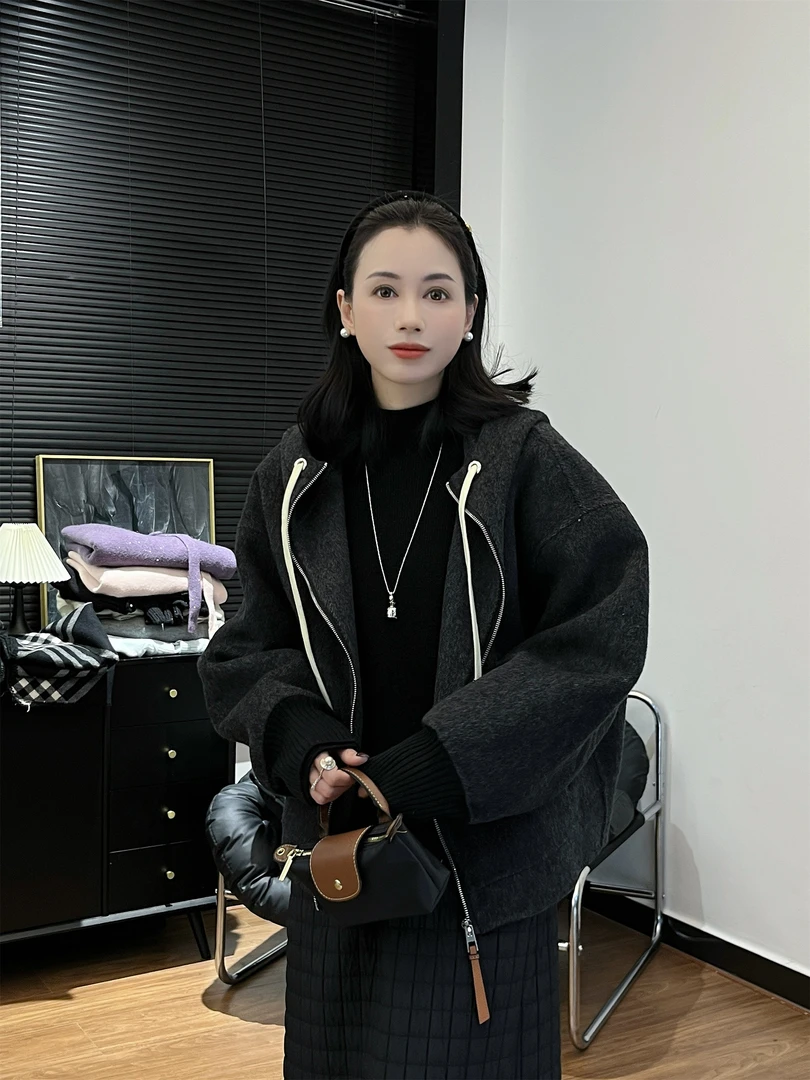 【Si&华严选】气质双面羊毛连帽韩版休闲宽松慵懒风松弛感外套6871