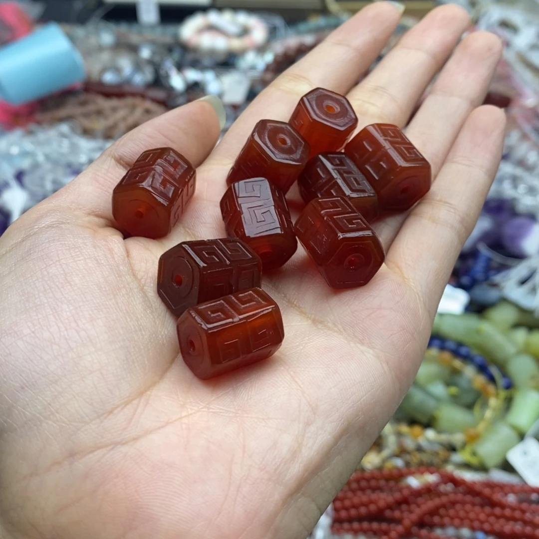玛瑙/玉髓未镶嵌珠宝半成品一个纯天然13×15mm六面回纹桶珠