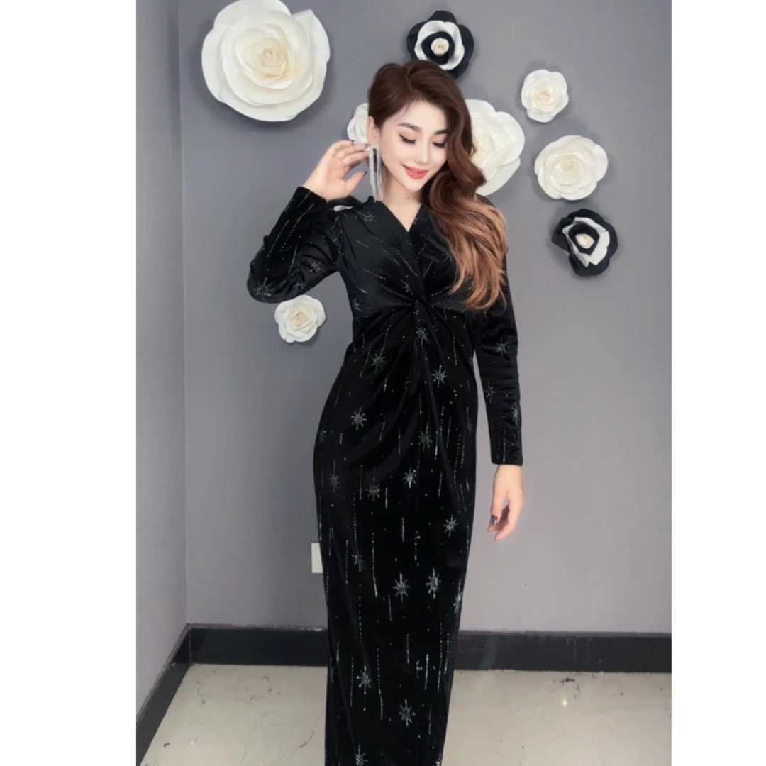 9867【包邮】雪花烫钻丝绒新款时尚高级女装连衣裙