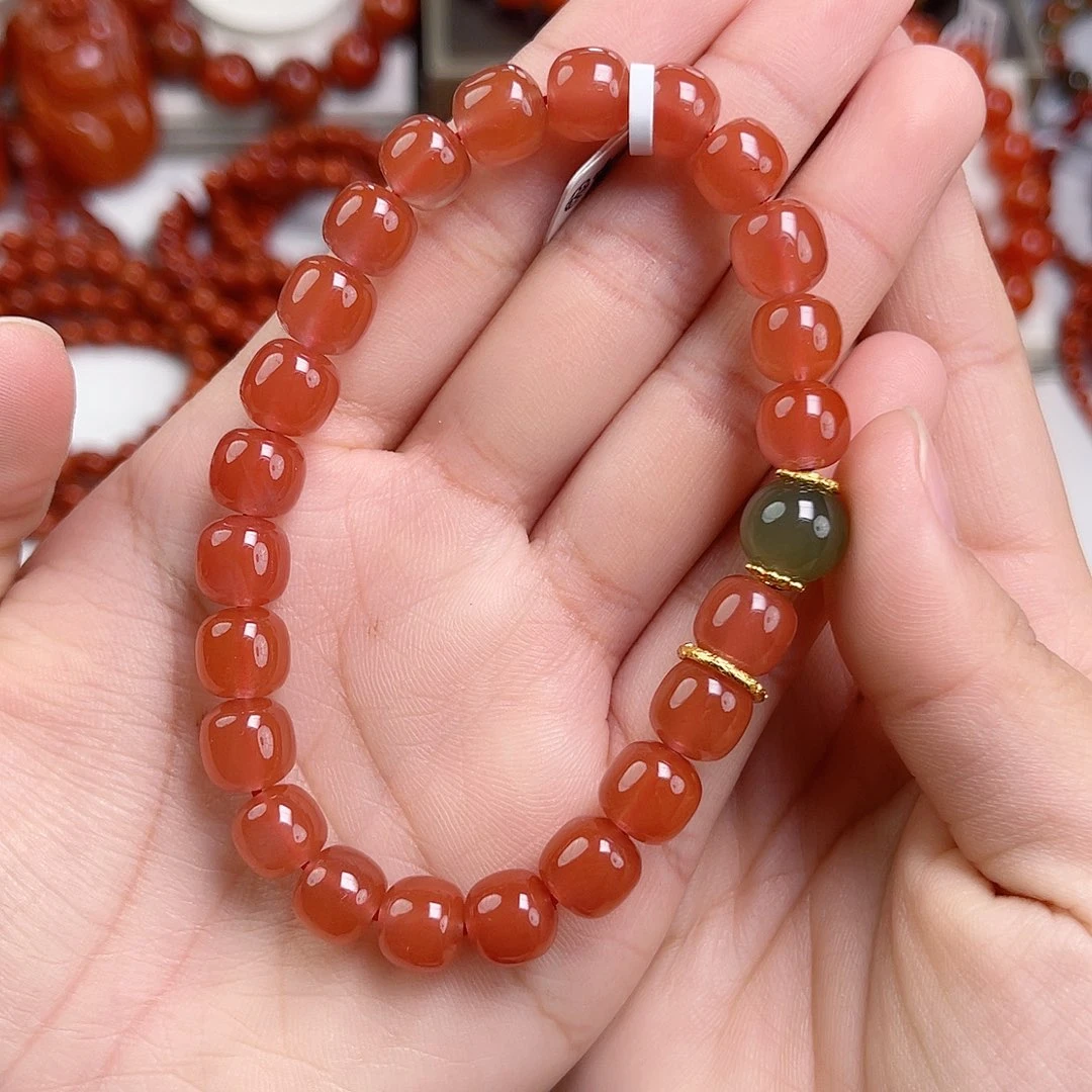 南红玛瑙银S925镶嵌手链河湾冰红diy老型单圈8mm