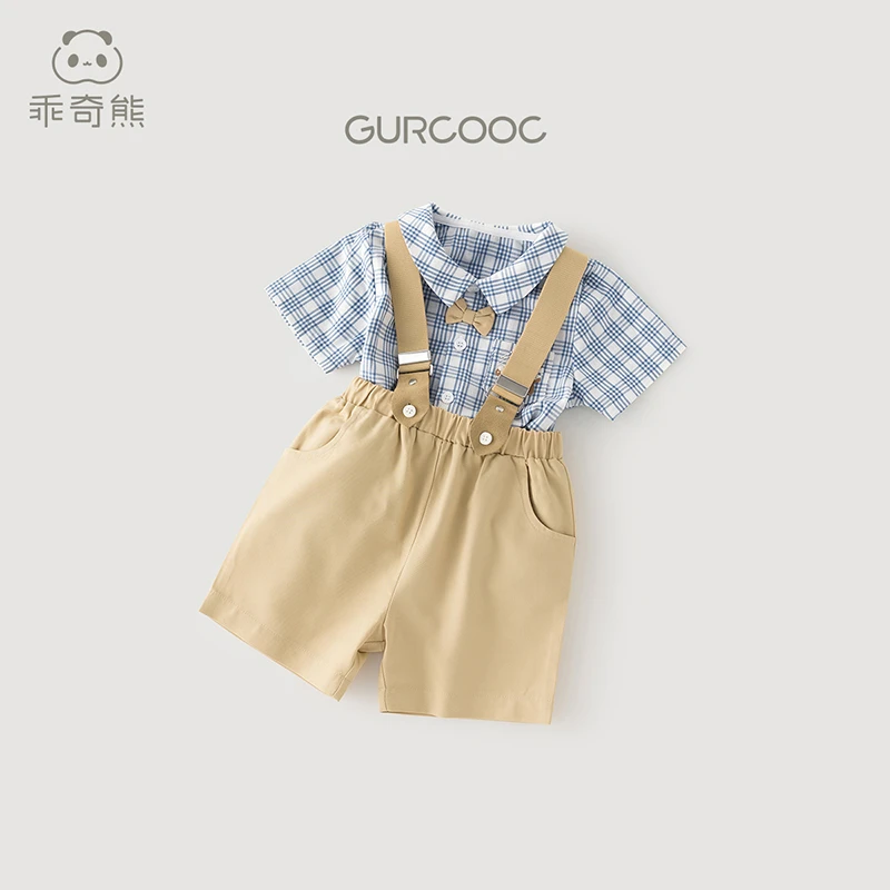 【断码绅士风】男童背带裤套装夏季薄款宝宝短袖格子衬衫婴儿外出