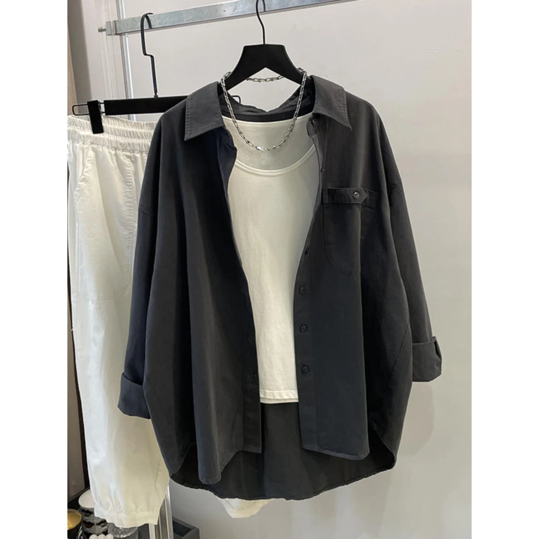 加大码300斤秋季高级感灰色工装衬衫男宽松2025简约大气休闲衬衣2