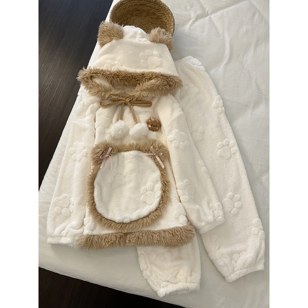韩系少女休闲风甜美可爱爪印珊瑚绒睡衣女秋冬新款保暖家居服套装