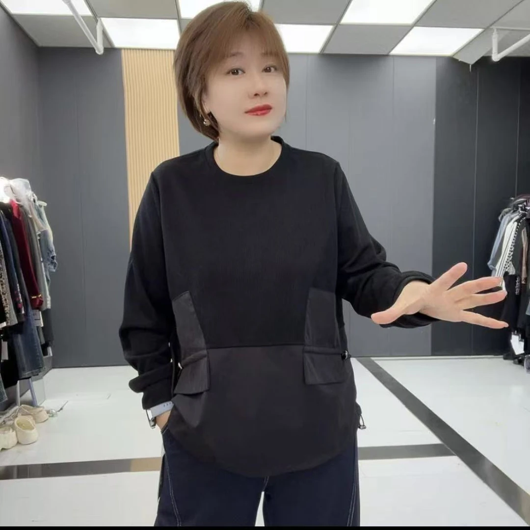 影3553圆领假口袋洋气气质拼接长袖衫