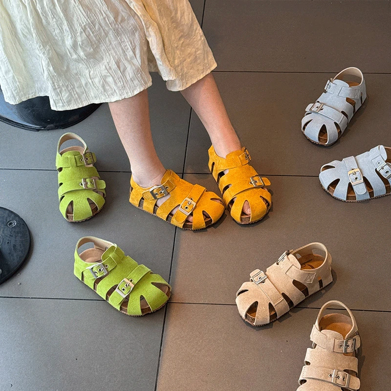 2025夏季款韩系多巴胺儿童包头罗马凉鞋男女童真皮软底博肯沙滩鞋