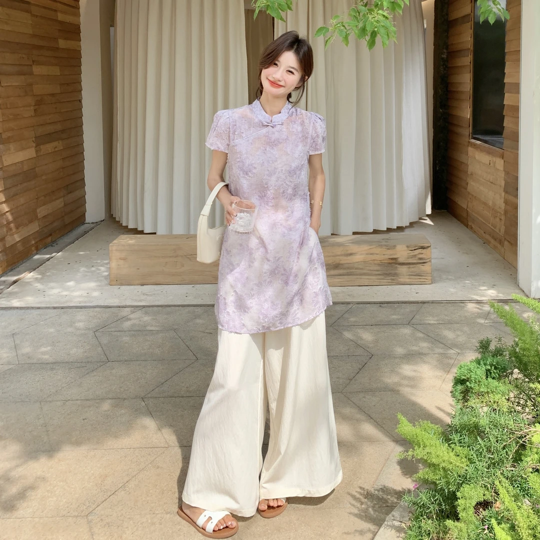 甜美中式改良旗袍国风套装女夏季新款一整套优雅宽松阔腿裤两件套