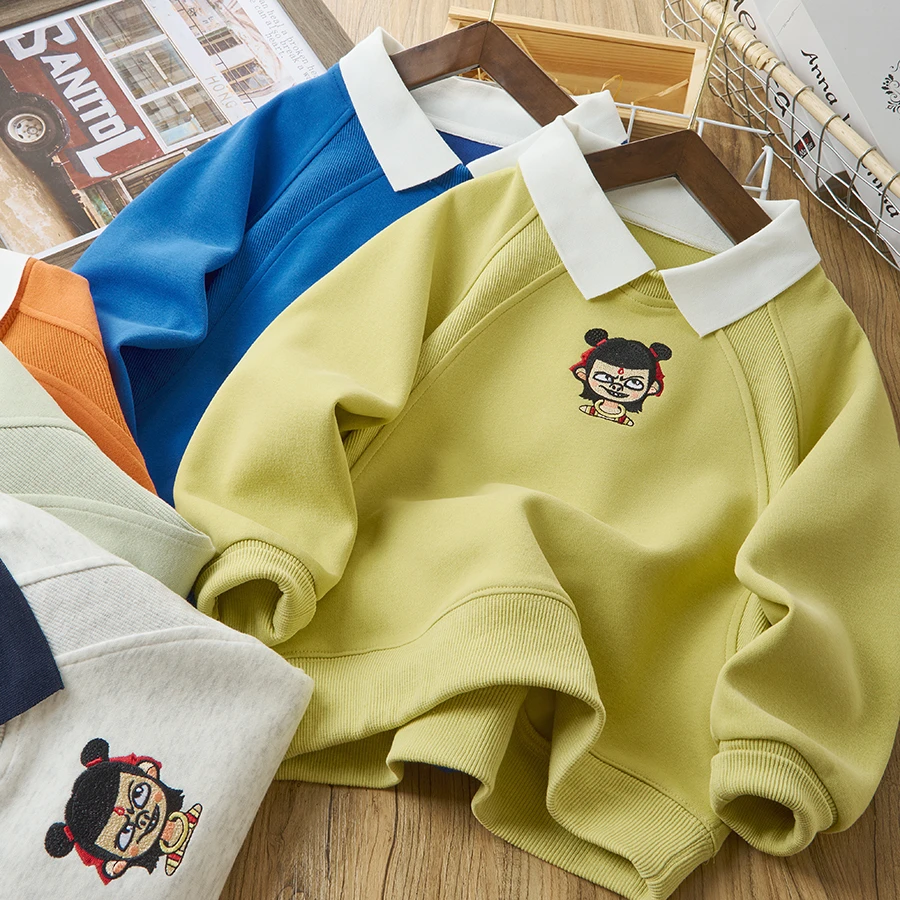 儿童翻领哪吒上衣2025春季新款中大童休闲百搭纯色刺绣卫衣25C30