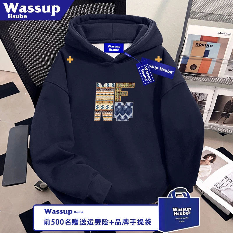 WASSUP HSUBE高级藏青加绒男女同款上衣秋冬个性印花连帽美式卫衣