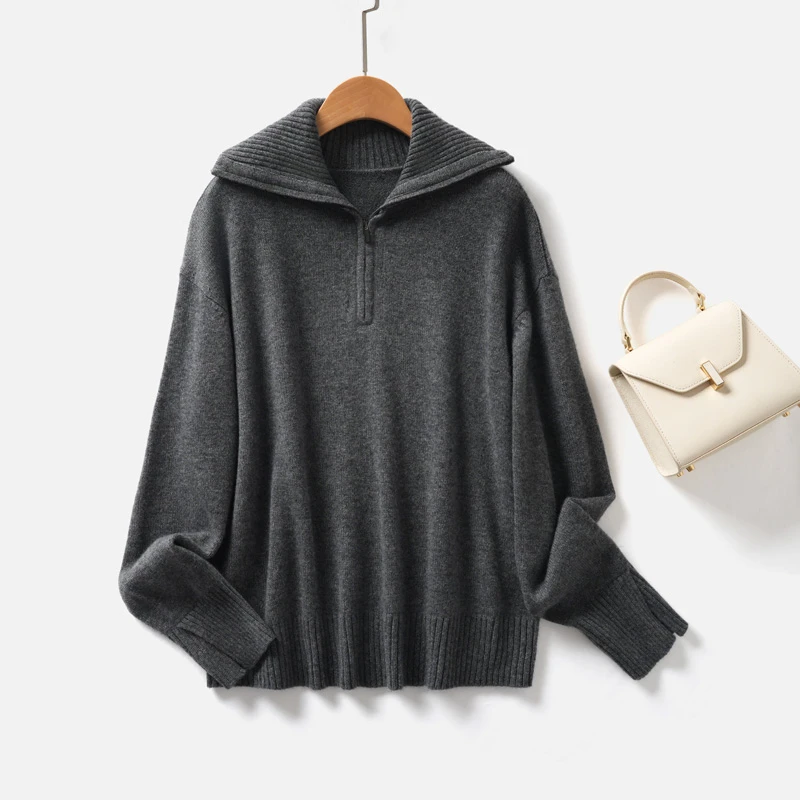 ONLF阿拉善山羊绒 POLO领宽松长袖针织衫毛衣女秋冬加厚51A060535