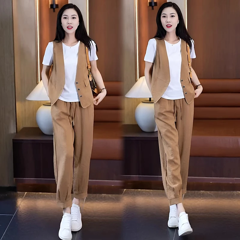 休闲运动服套装女士2025夏季新款时尚小个子宽松马甲九分裤三件套