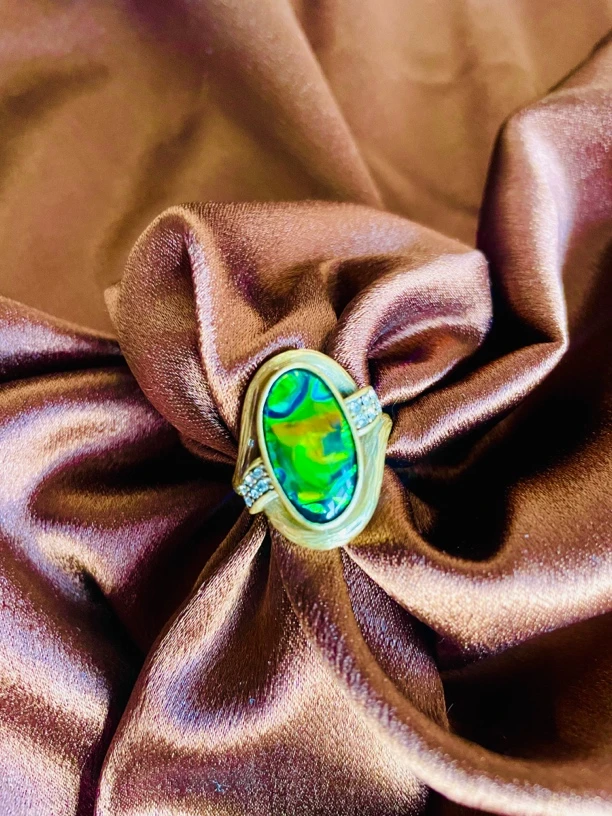 铜合金琉璃戒指 中古Vintage复古手工精致彩色贝戒指绿色首饰指环