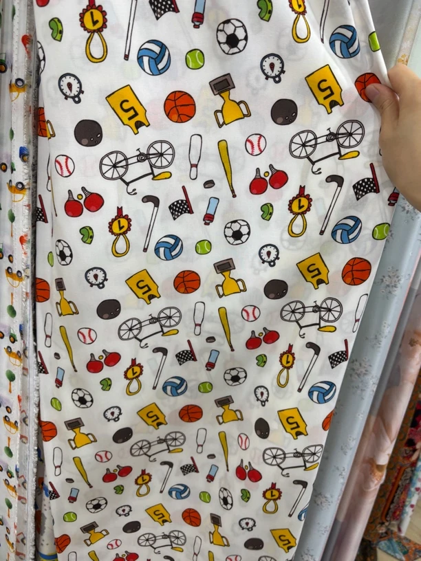 【晓萍推荐】真丝缎棉绸面料 幅宽1.5-1.55 卡通运动球类奖杯