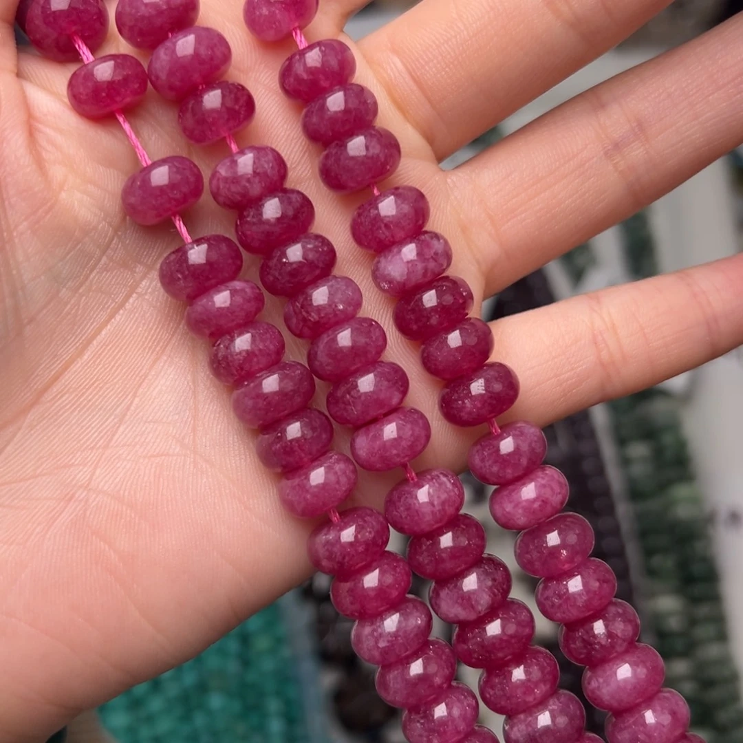 玛瑙/玉髓合金珠宝半成品K765。10mm粉碧玺玉算盘珠一条