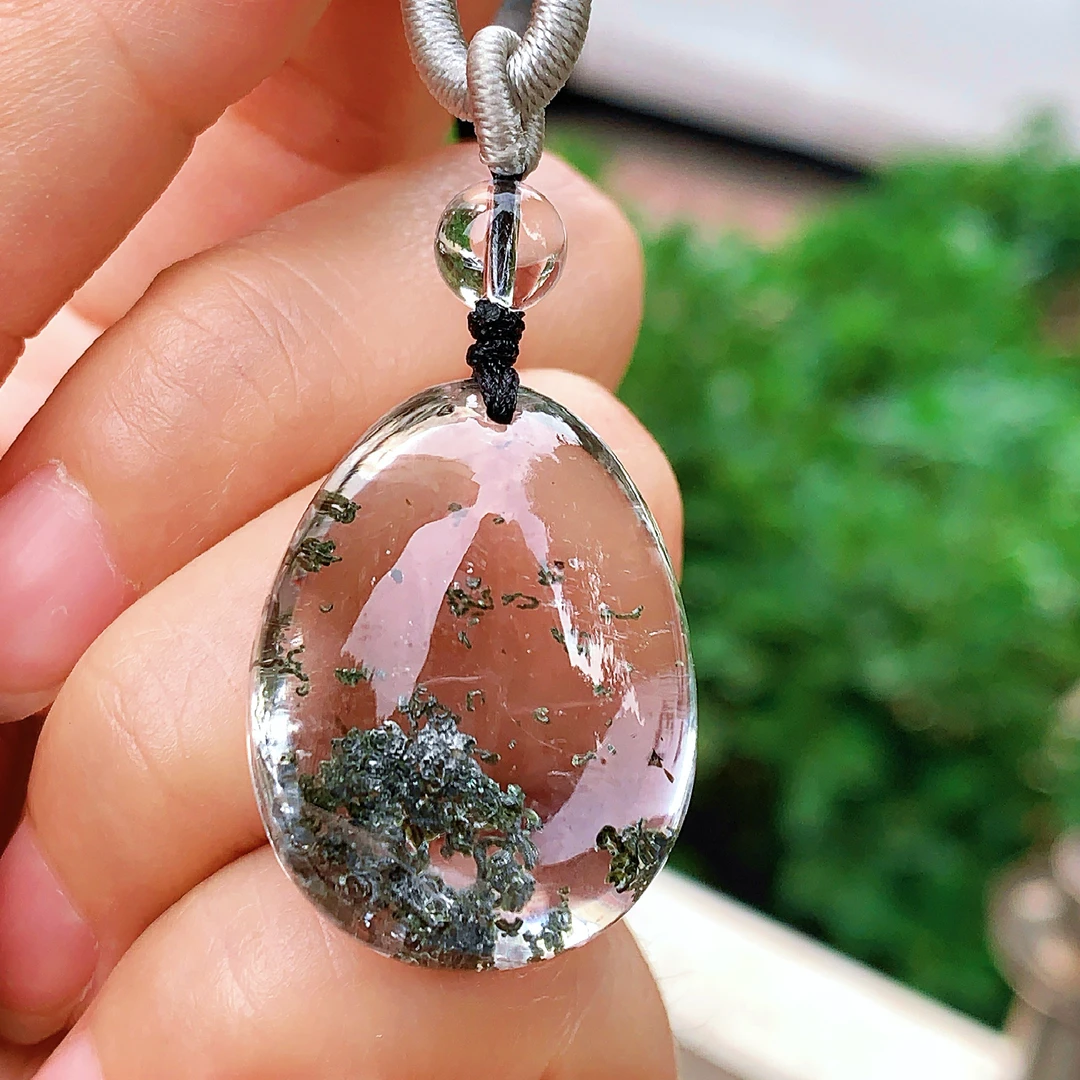 东海水晶天然绿幽灵水晶吊坠毛衣链平安通透水滴项坠男女款聚宝盆