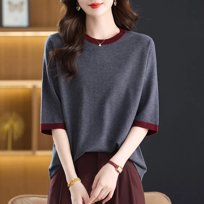 中年妈妈中袖t恤女2025早秋新款薄款针织衫宽松遮肚子五分袖上衣