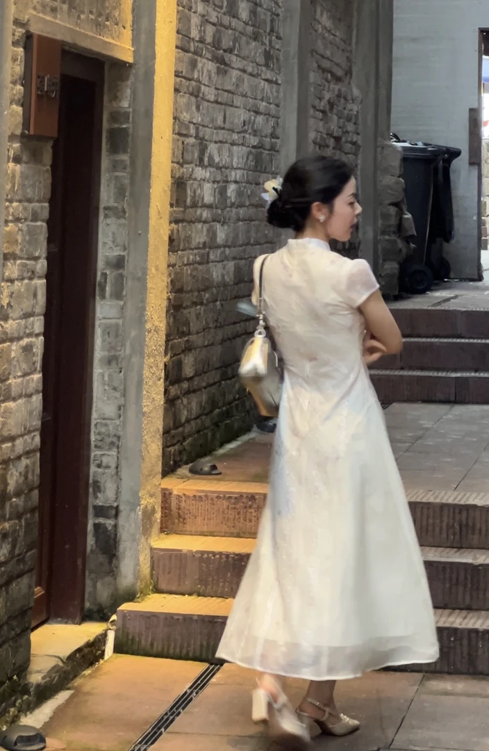 小个子定制【素雪凝香】法式收腰少女短袖长裙刺绣旗袍夏季A字裙