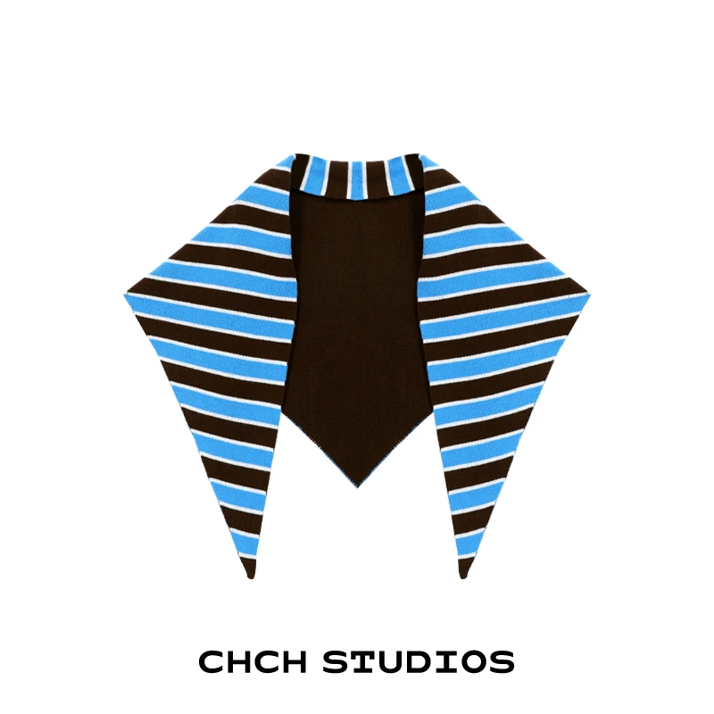 RAPJ93658复古针织三角巾羊绒秋冬披肩时髦百搭条纹撞色围巾女