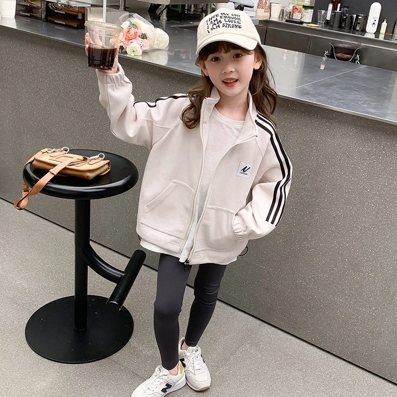 童装中大童女童字母春装运动棒球服外套开衫条纹夹克衫宽松弹力棉