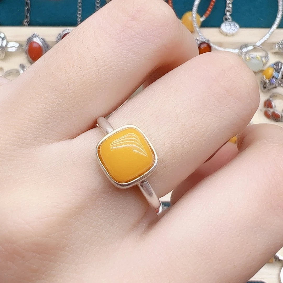 蜜蜡戒指银S925镶嵌天然