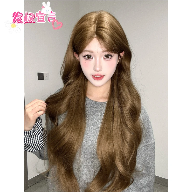 【女神降临】中分大波浪网红同款小额蕾丝亚麻棕全头套进口丝假发