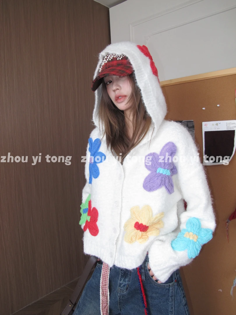 【山野间】小众设计手工立体花朵刺绣慵懒感针织开衫女ZYT9511