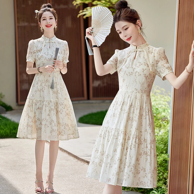夏装纯棉碎花收腰连衣裙气质少女旗袍夏季法式新中式多巴胺服装女
