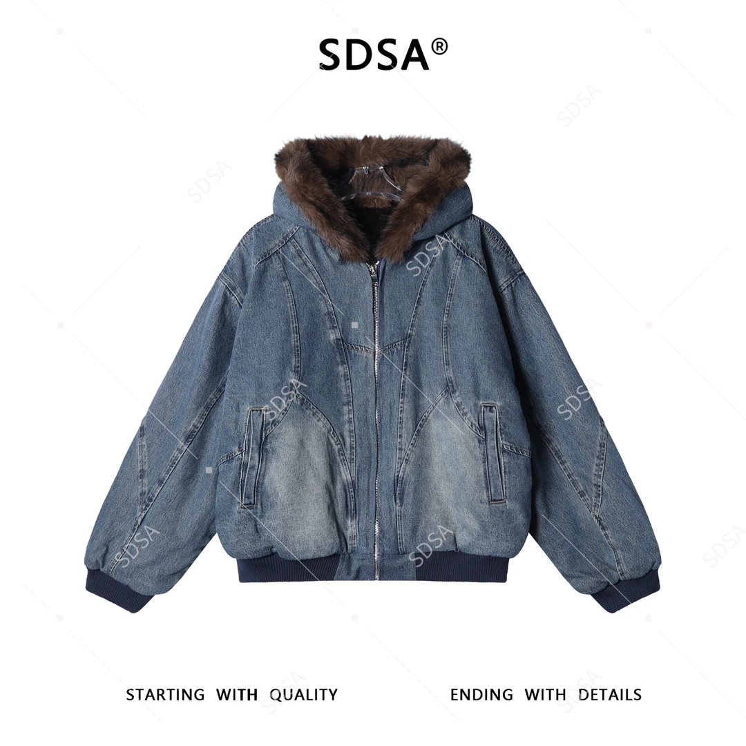 SDSA秋冬新款痞帅男装韩版座山雕毛领拉链连帽夹克牛仔外套百搭