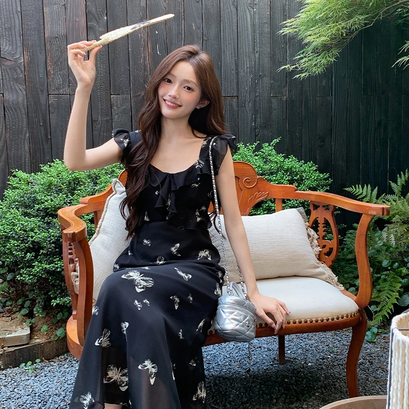 蝴蝶印花飞飞袖碎花收腰中长款黑色显瘦气质无袖连衣裙裙子女夏